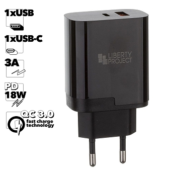 Сетевое зарядное устройство "LP" USB-C PD 3.0 + USB QC 3.0 18W "Power Series" (черный, коробка)